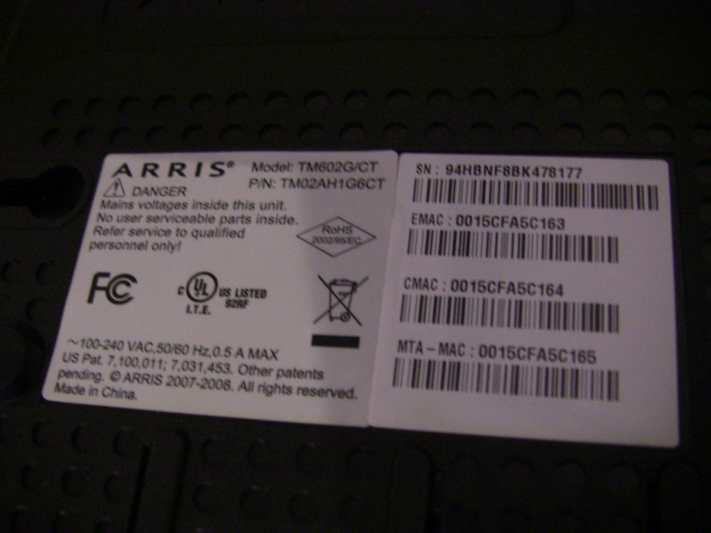 ARRIS TM602G/CT VOIP cable phone modem router Touchstone
