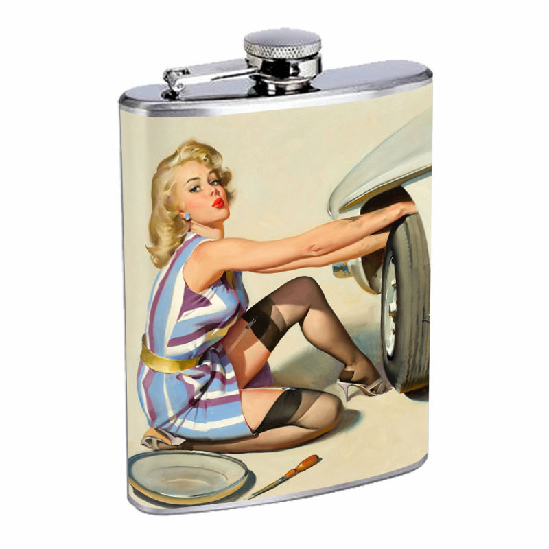 Flask 8oz Stainless Steel Classic Vintage Model Pin Up Girl Design-077 Whiskey