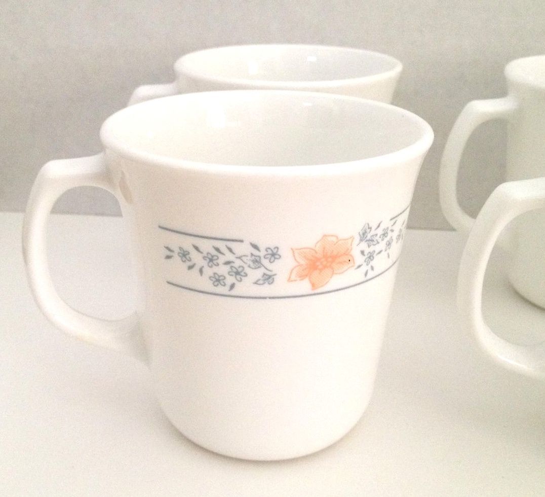 Corelle Apricot Grove 6 Coffee Cups Mugs Blue Peach Floral 3 1/2 inches