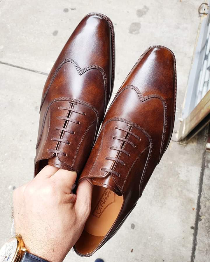 Handmade Chestnut Wingtip Oxfords Leather Shoes For Men, Custom Made Shoes Dress/Formal