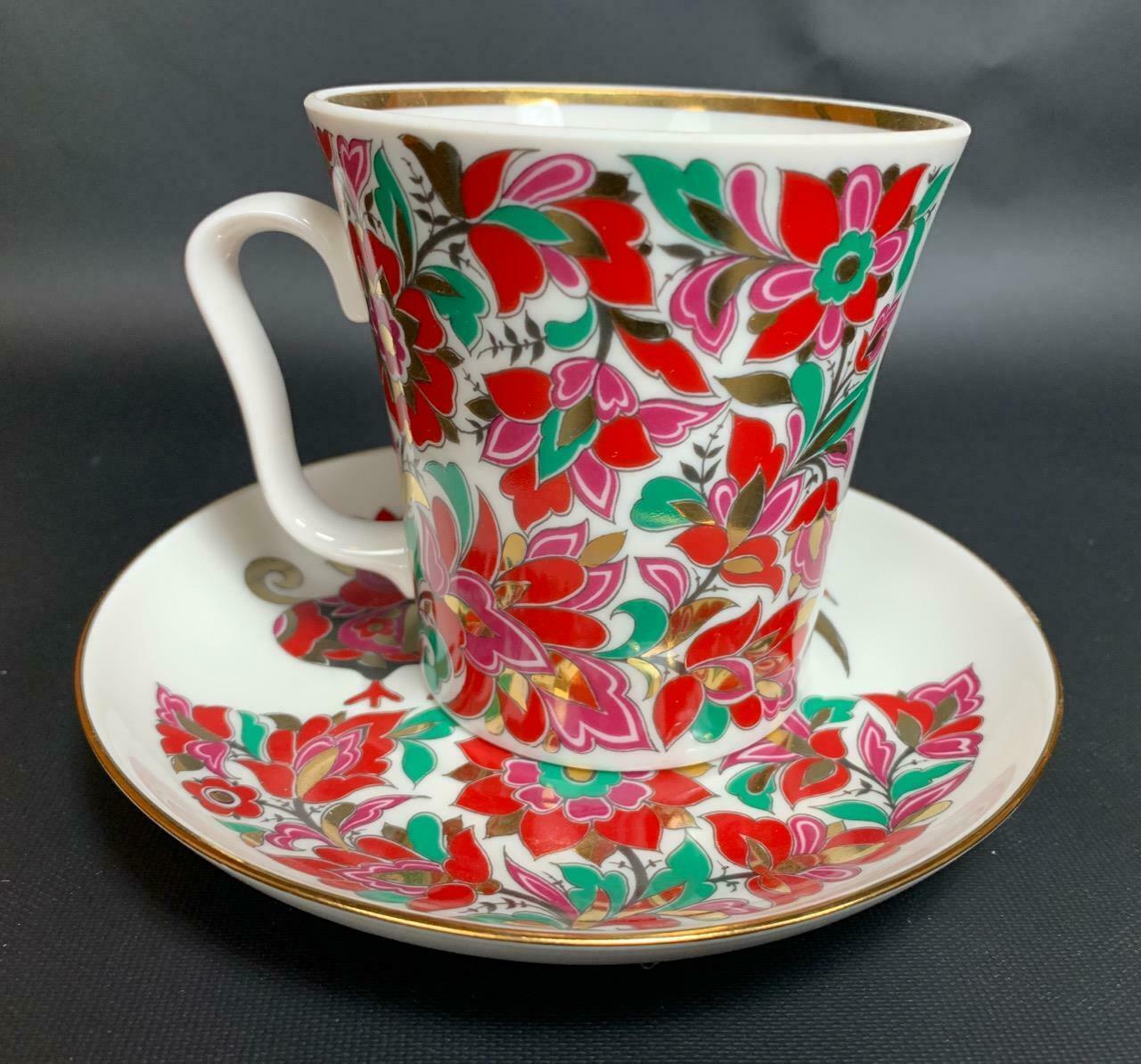 Red Rooster Cup & Saucer Lomonosov Russian Imperial Porcelain Teacup 12 