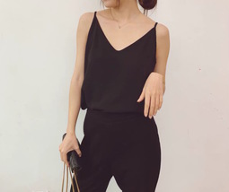Women Sleeveless Strap Tank Top Camisole V Neck Chiffon Tanks Solid Loose Shirt  image 3