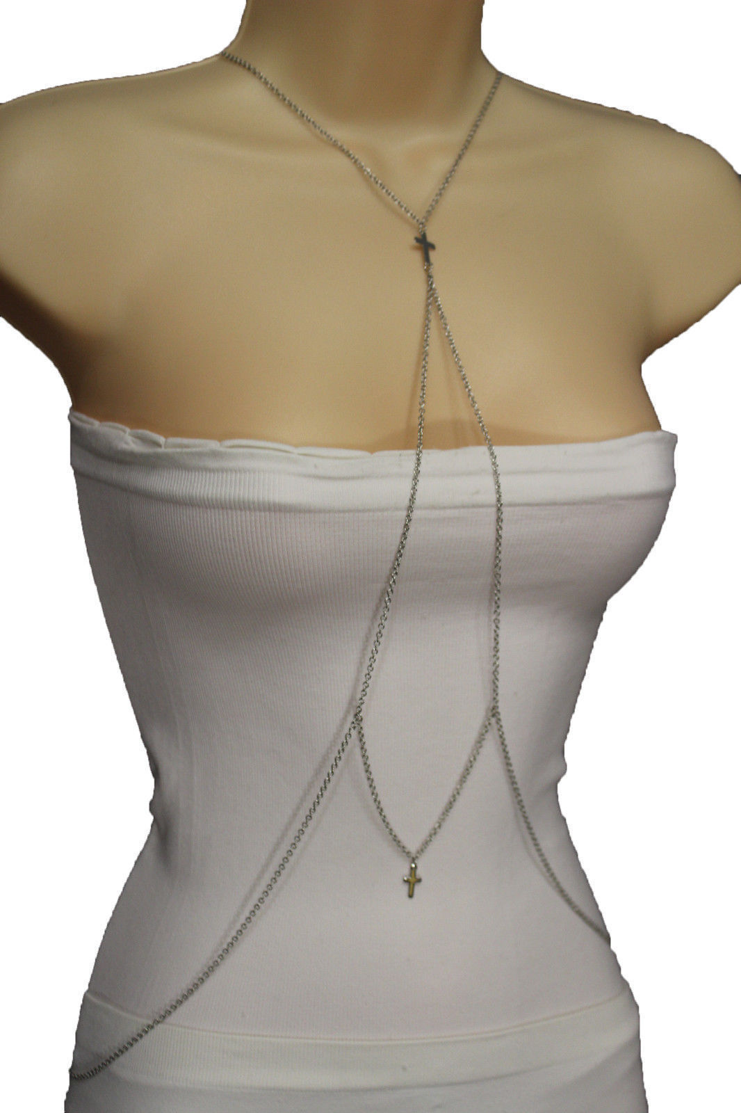 Women Silver Metal Body Chains Necklace Jewelry Harness Strand 2 Crosses Pendant Belly Chains