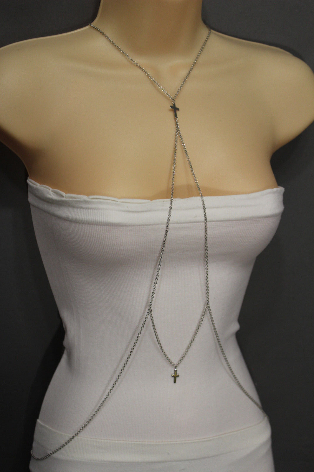 Women Silver Metal Body Chains Necklace Jewelry Harness Strand 2 Crosses Pendant Belly Chains
