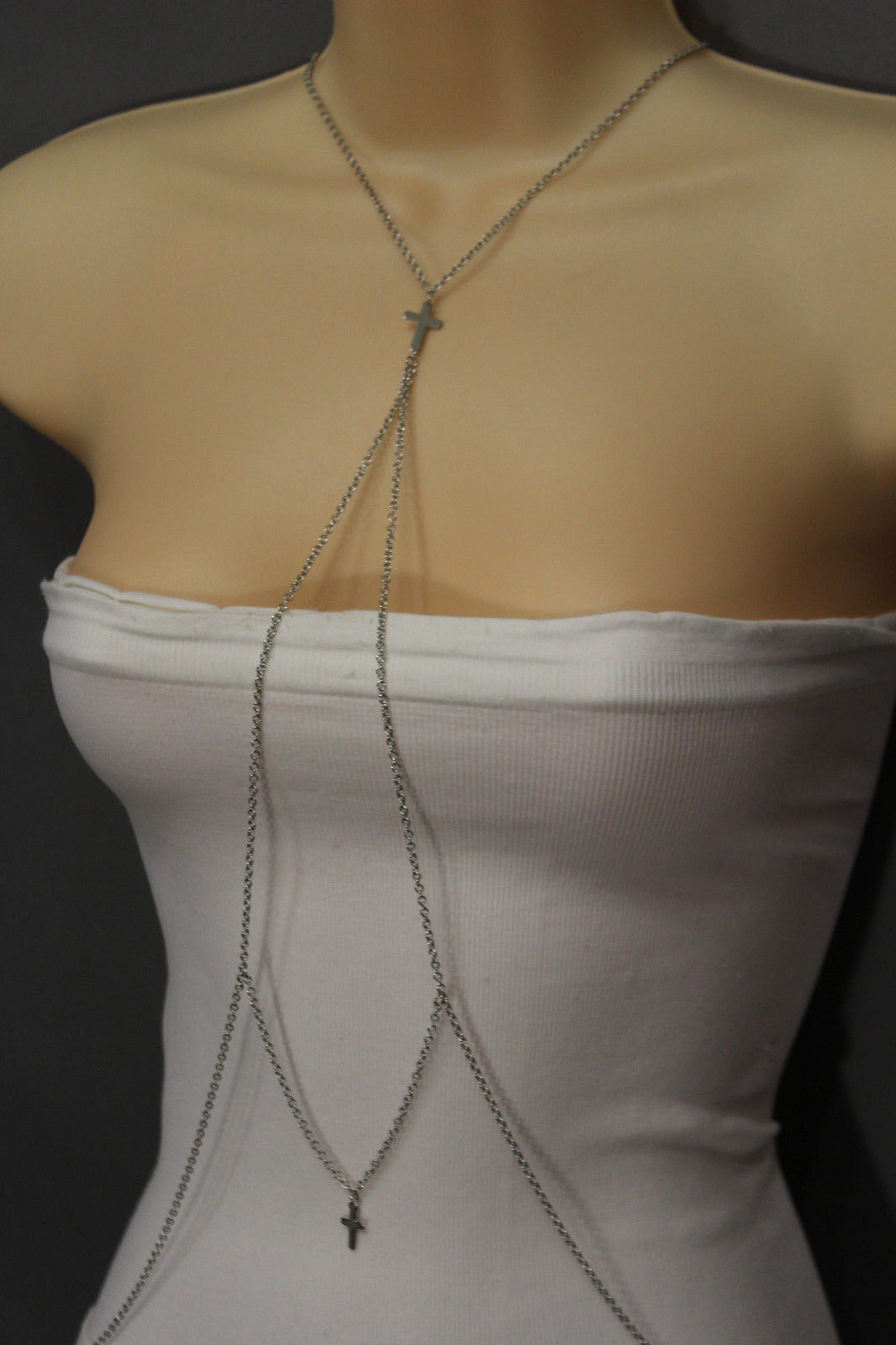 Women Silver Metal Body Chains Necklace Jewelry Harness Strand 2 Crosses Pendant Belly Chains