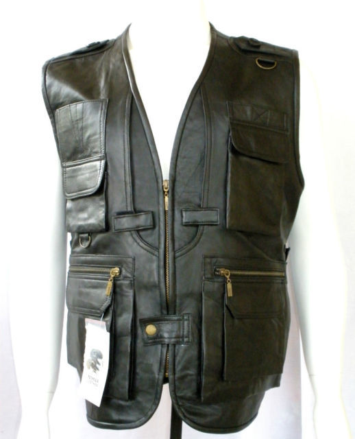 NWT Men's Multiple Pockets Sleeve Less Leather Fishing Vest Style M43