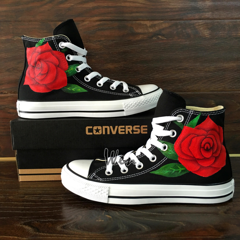 Floral Red Roses Converse Hand Painted High Top Sneakers Canvas Men Women Shoes