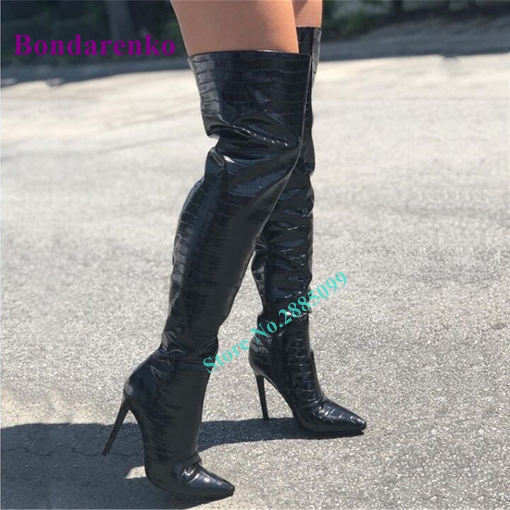 Stone Pattern Gold Thigh High Boots Pointed Toe Thin High Heel Solid ...