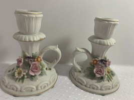 VINTAGE -SIGNED LEFTON CHINA KW5444 HAND PAINTED- LOT OF 2 FLORAL CANDLE... - $12.99