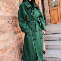 New green plaid double breasted oversized long women coat with pockets p... - $108.00