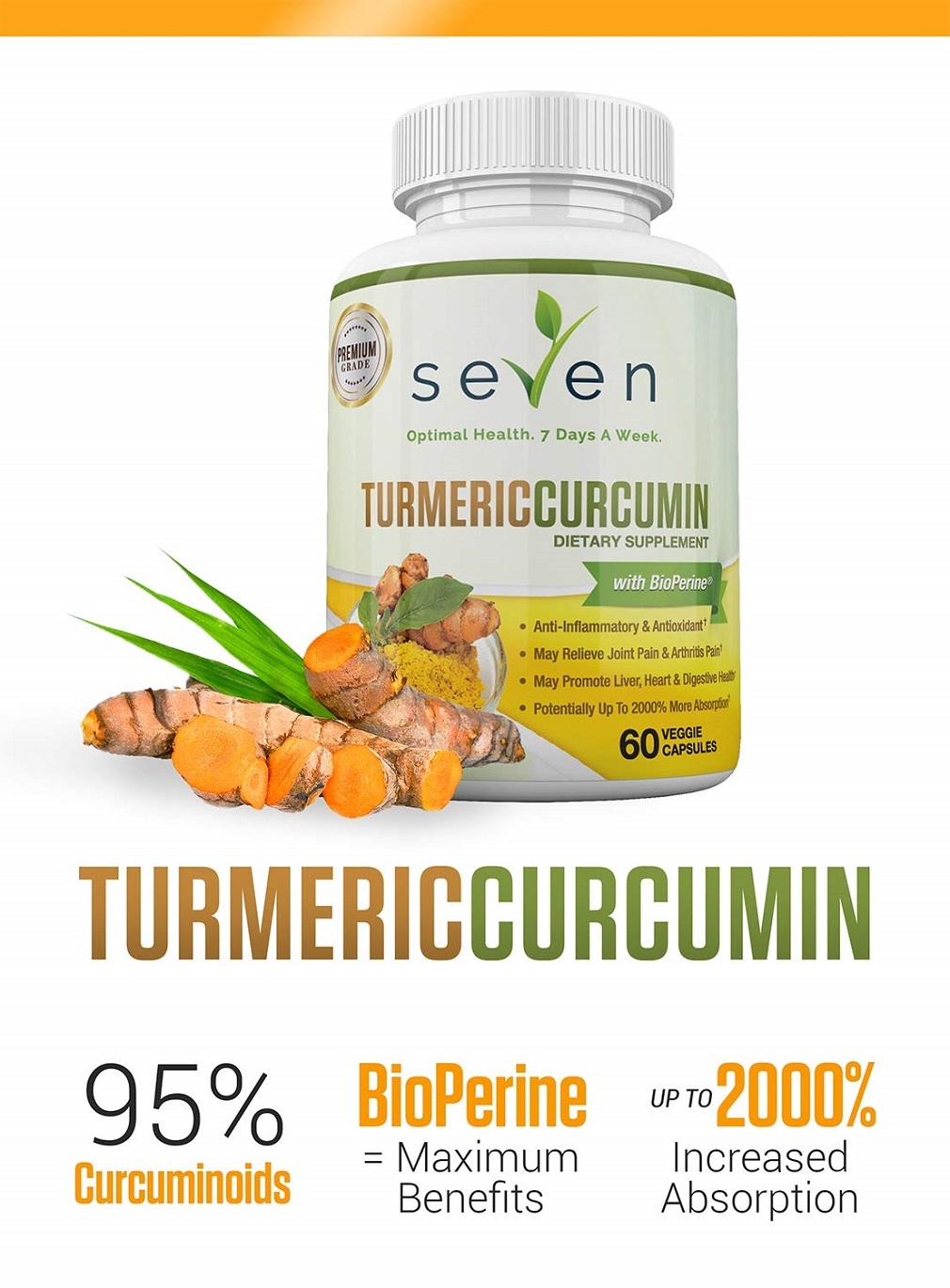 Seven Nutrition Turmeric Curcumin Supplement 1300mg Bioperine 60 Caps