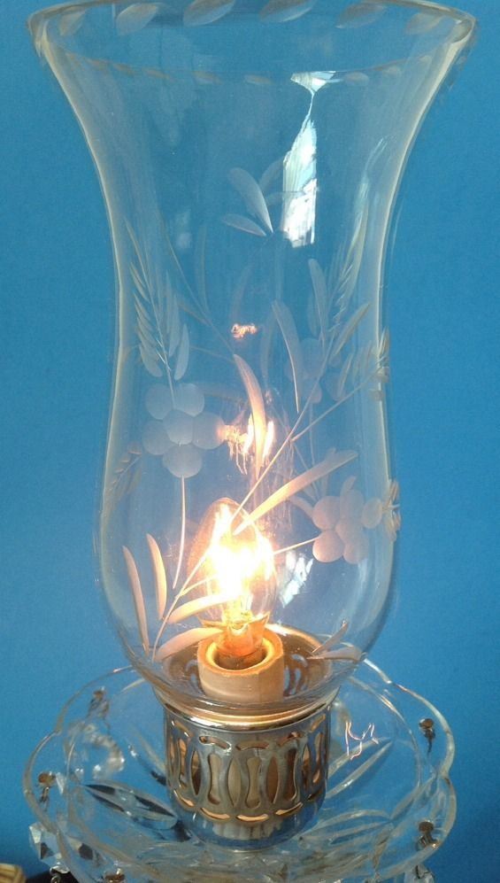 Vintage Hurricane Lamp Crystal Prisms w Floral Etched Glass Shade