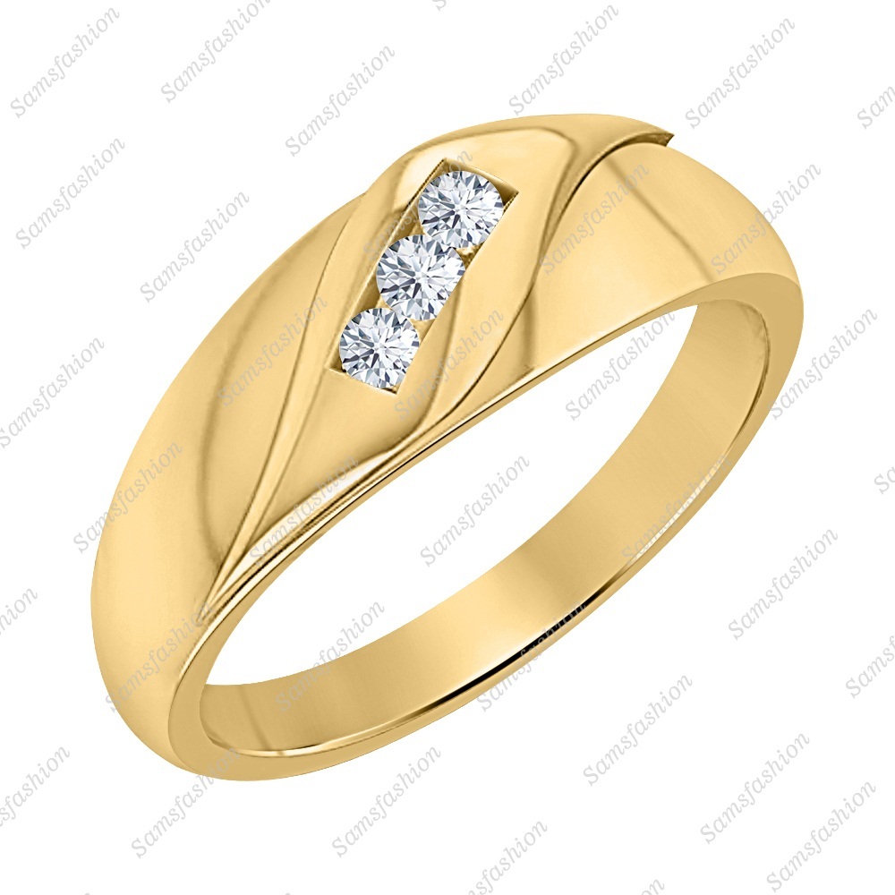 Round Diamond 14k Yellow Gold Over .925 Sterling Silver 3 Stone Wedding Men Ring
