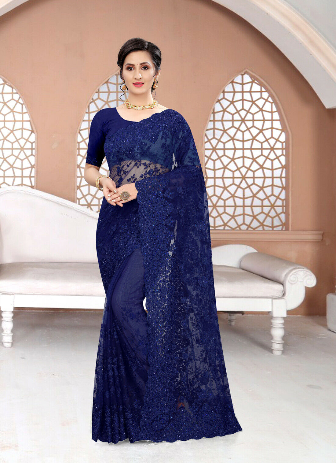 Designer Navy Blue Resham Embroidery Moti Stone Work Net Sari Wedding Wear Saree