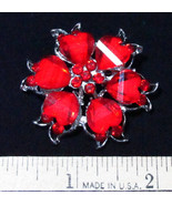 Red Rhinestone Flower Brooch Pin Blossom Floral Silver Tone Jewelry - $9.40