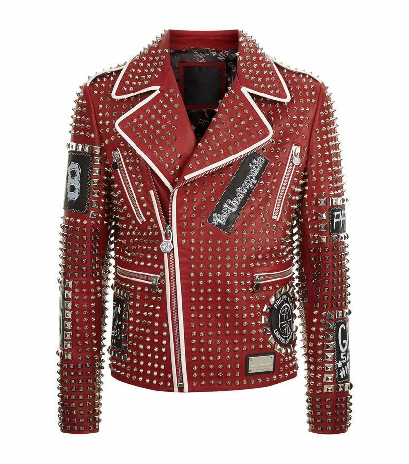 Men's PHILIPP PLEIN Leather Coat Red Color Studded Embroidery Patches Jacket PP
