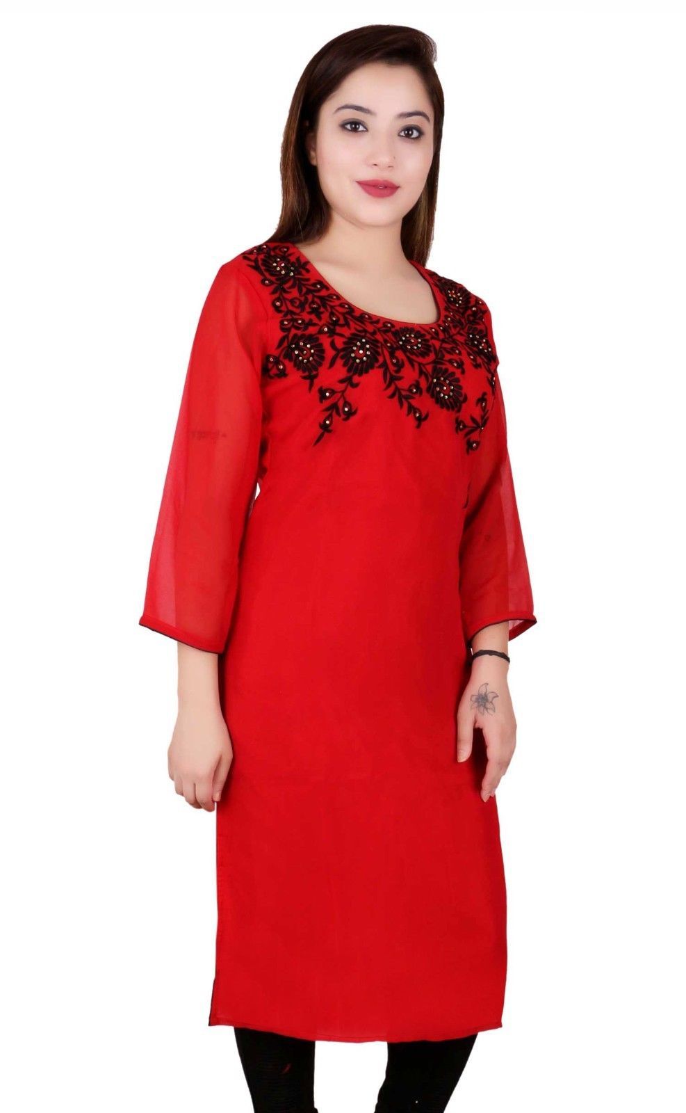 Women Indian Red Kurti tunic top thread stones work party wear kaftan ...