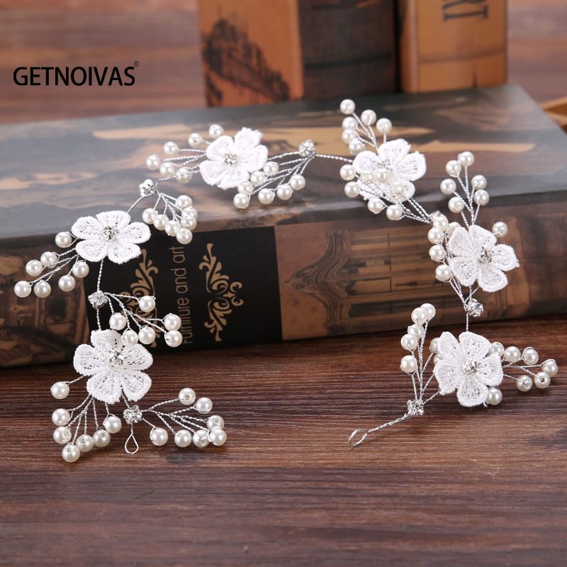 Handmade Headbands For Women White Lace Flower Tiaras Crystal Pearl Hairband Wed