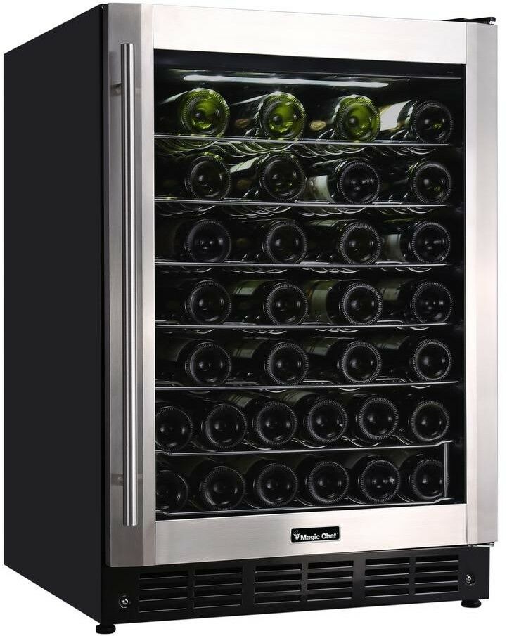 Magic Chef Wine Cooler 23.4 in. W 50-Bottle Removable Shelves Stainless ...