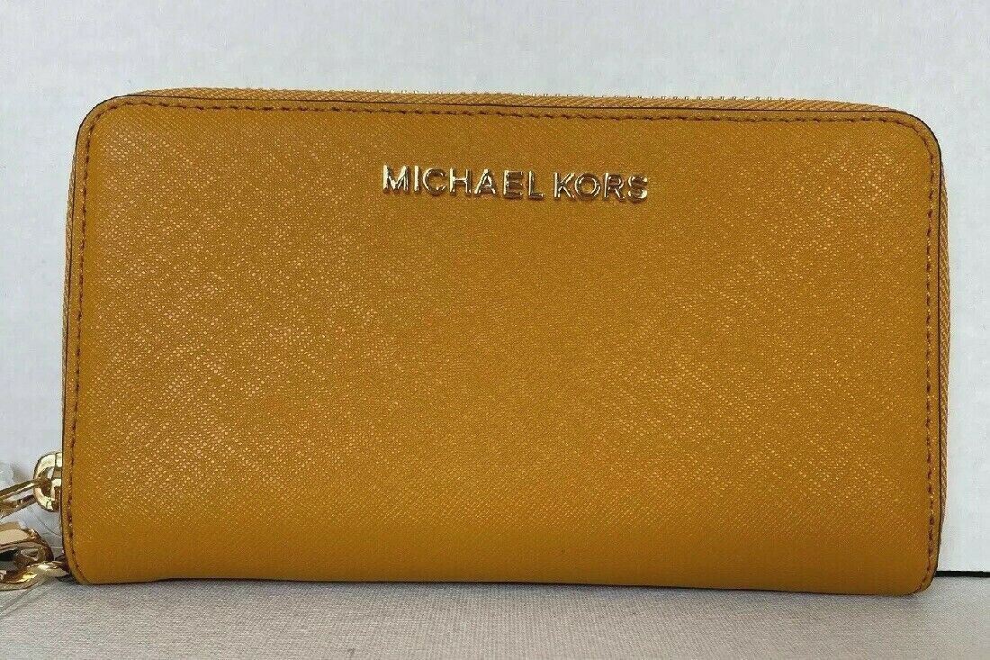 NWT Michael Kors Jet Set Travel Large Flat phone case Leather Marigold