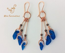Handmade blue sea glass earrings: long copper dangles with small hoops and glass - $35.00