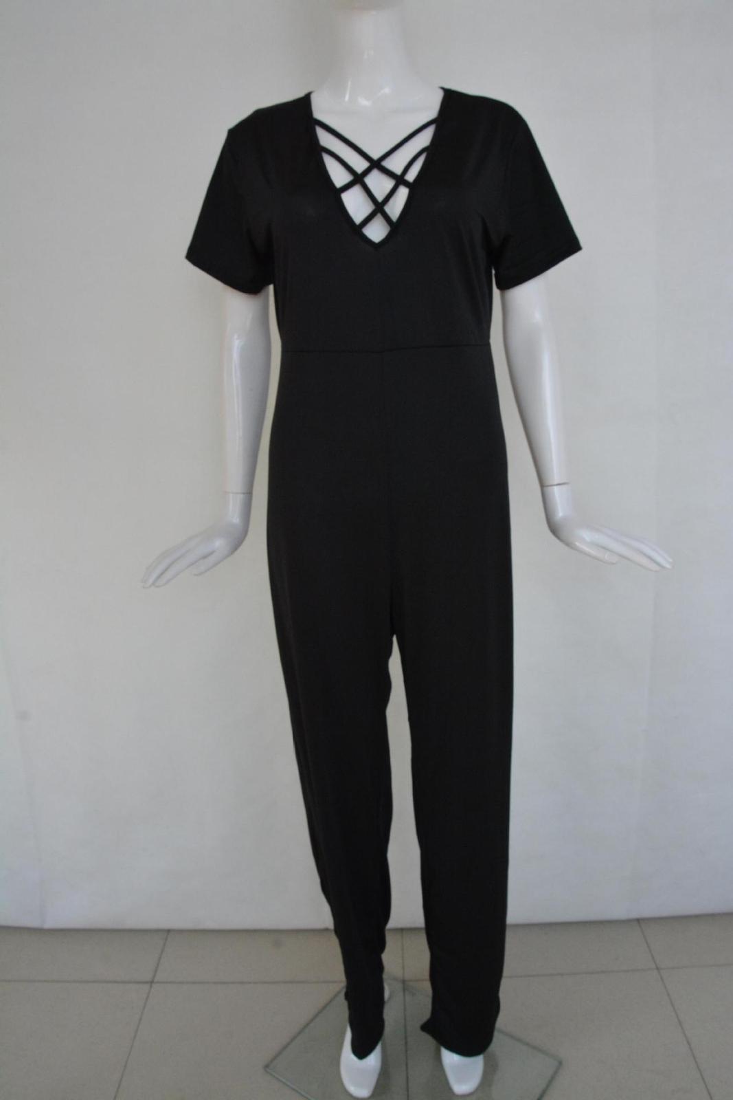 Plus Size, Short Sleeves, Solid Black, Spandex, One-piece Jumpsuit ...
