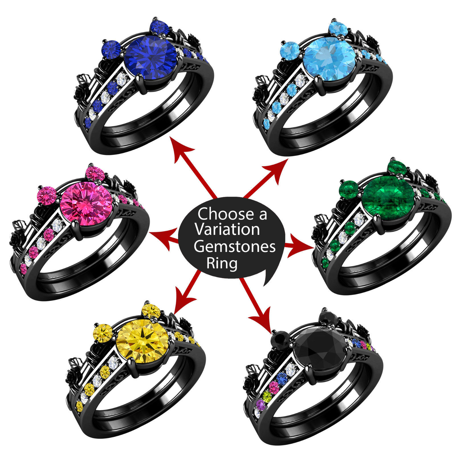 Black Gold Plated .925 Sterling Silver Multi-Stone Mickey Mouse Bridal Ring Set