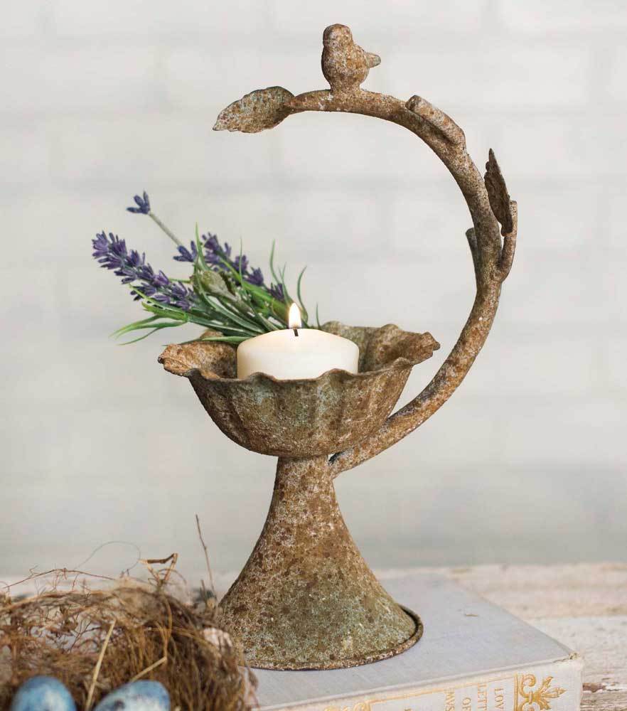 Rustic Primitive Bird on a Branch Candle Holder Stand ,6''L X 10''H