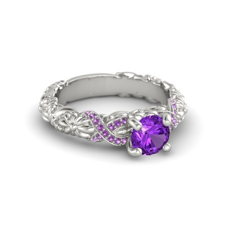 1.60 Ct Round Cut Amethyst 925 Silver 18K White Gold Finish Knotted Bouquet Ring