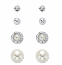 CRYSTAL AND SIMULATED WHITE PEARL 5 PAIR STUD EARRINGS SET SILVERTONE - $66.49