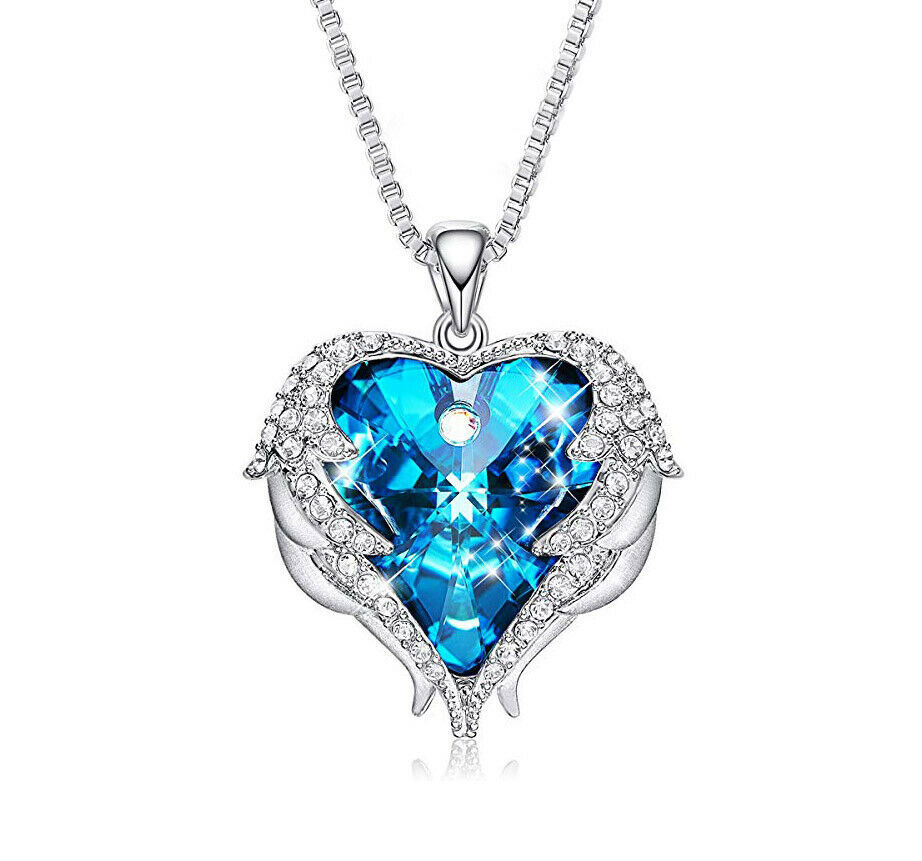 Silver Crystal Rhinestone Angel Wings Heart Pendant Necklace Chain ...