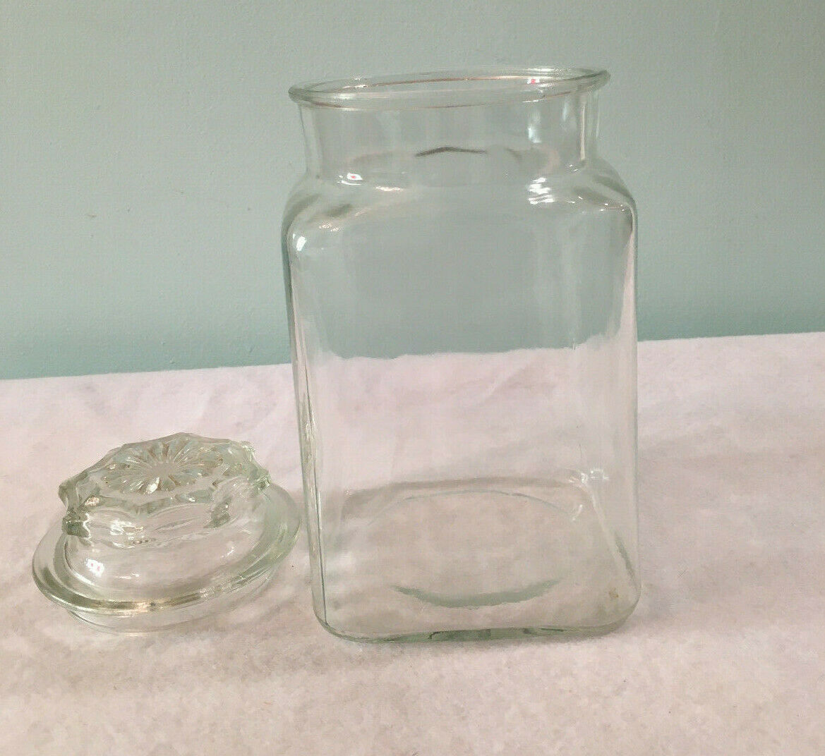 Primary image for Vtg Clear Glass Candy Jar Canister With Cover Top Lid Stopper Square Apothecary