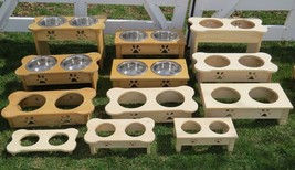 15" Tall Dog Bone Elevated Feeder Amish Handmade 2 2QT Paw Print Bowls Finished - $93.97