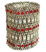 Wide Band Crystal Silver Red Bead Cuff Arm Chunky Woman Warrior Stretch Bracelet - $39.95