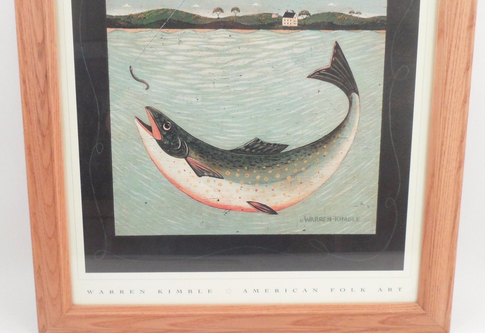 EUC Framed Warren Kimble Folk Art Print Lake Trout Fishing Lodge Cabin ...