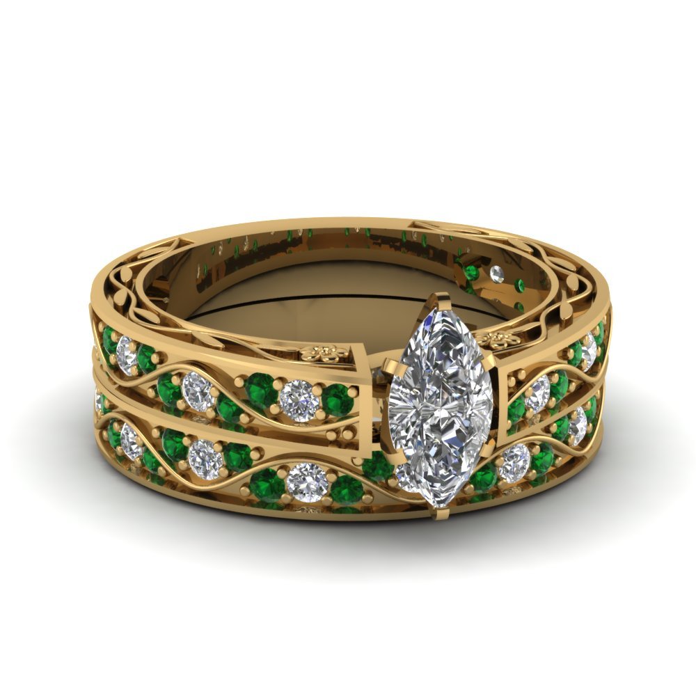 Marquise Shaped CZ Antique Wedding Ring Set With Emerald 14K Yellow Gold Finish