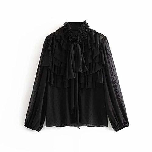 Ruffled Long Sleeve Blouses Whit Bow Tie - Solid XS Black Girly Area