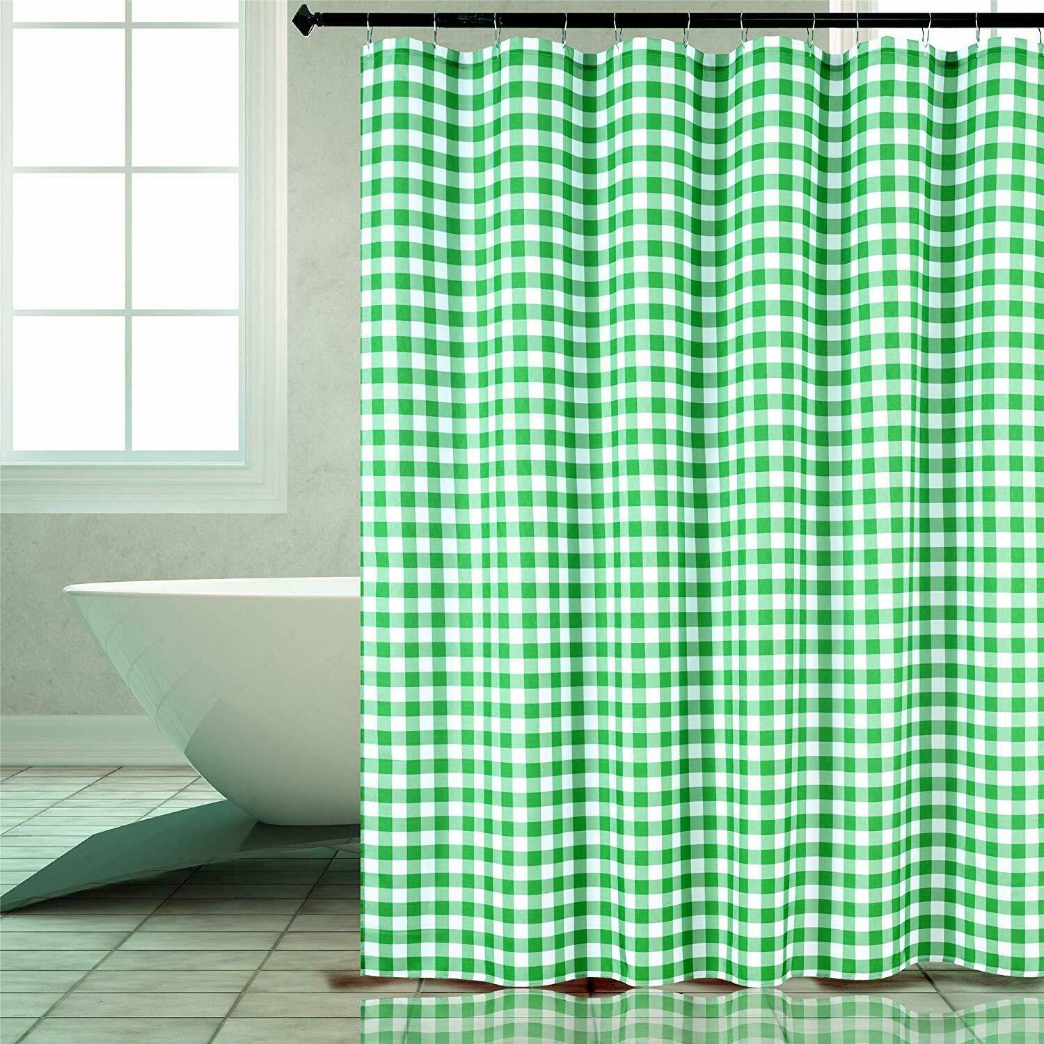 Green Plaid Checkered Gingham Romantic Farmhouse Textured Fabric Shower Curtain Shower Curtains