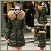 Racoon Faux Fur Trimmed Hood Long Sleeve Duck Down Army Green Parka Coat Jacket