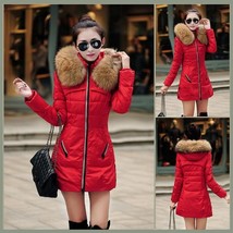 Racoon Faux Fur Trimmed Hood Long Sleeve Duck Down Red Parka Coat Jacket