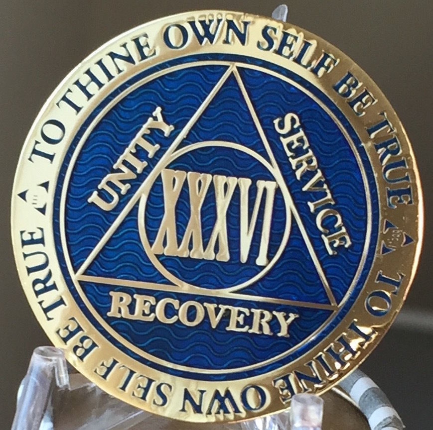 36 Year AA Medallion Blue Gold Plated Alcoholics Anonymous Sobriety Chip Coin