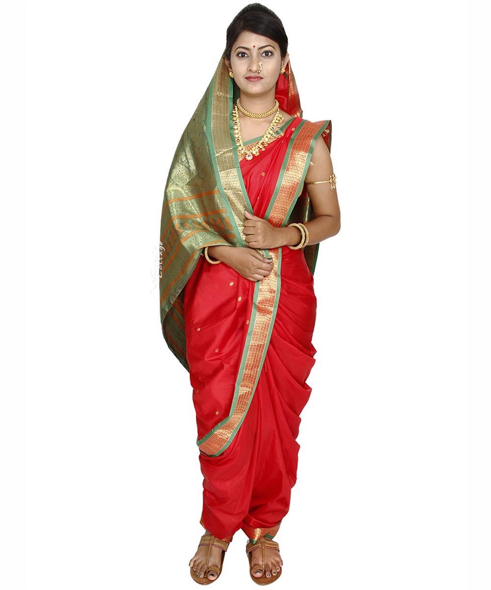 Womens Cottage Ready To Wear 9 Mtrs Nauvari Red Silk Saree Salwar Kameez 