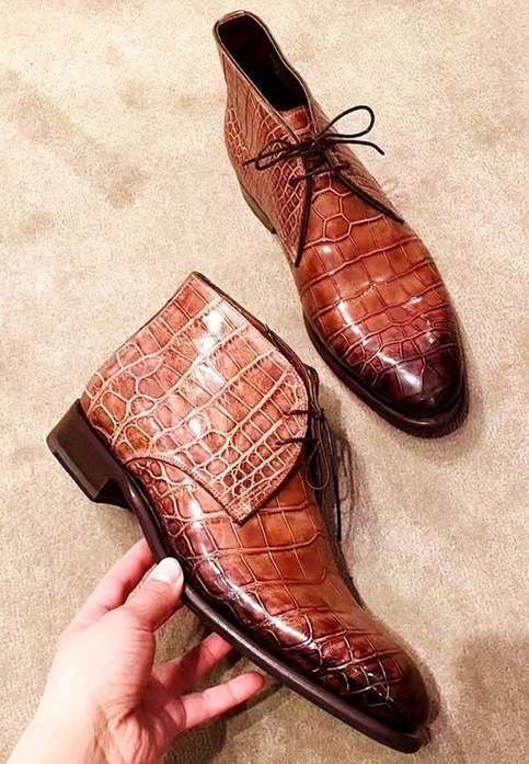 Bespoke Men's Brown Crocodile Texture Leather Formal Chukka Dress Leather Boots