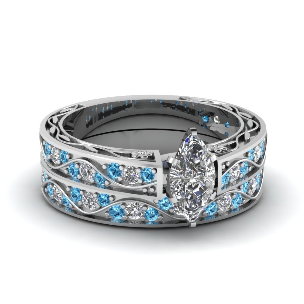 Marquise Shape CZ Antique Wedding Ring Set W/ Ice Blue Topaz 14K White Gold Fn