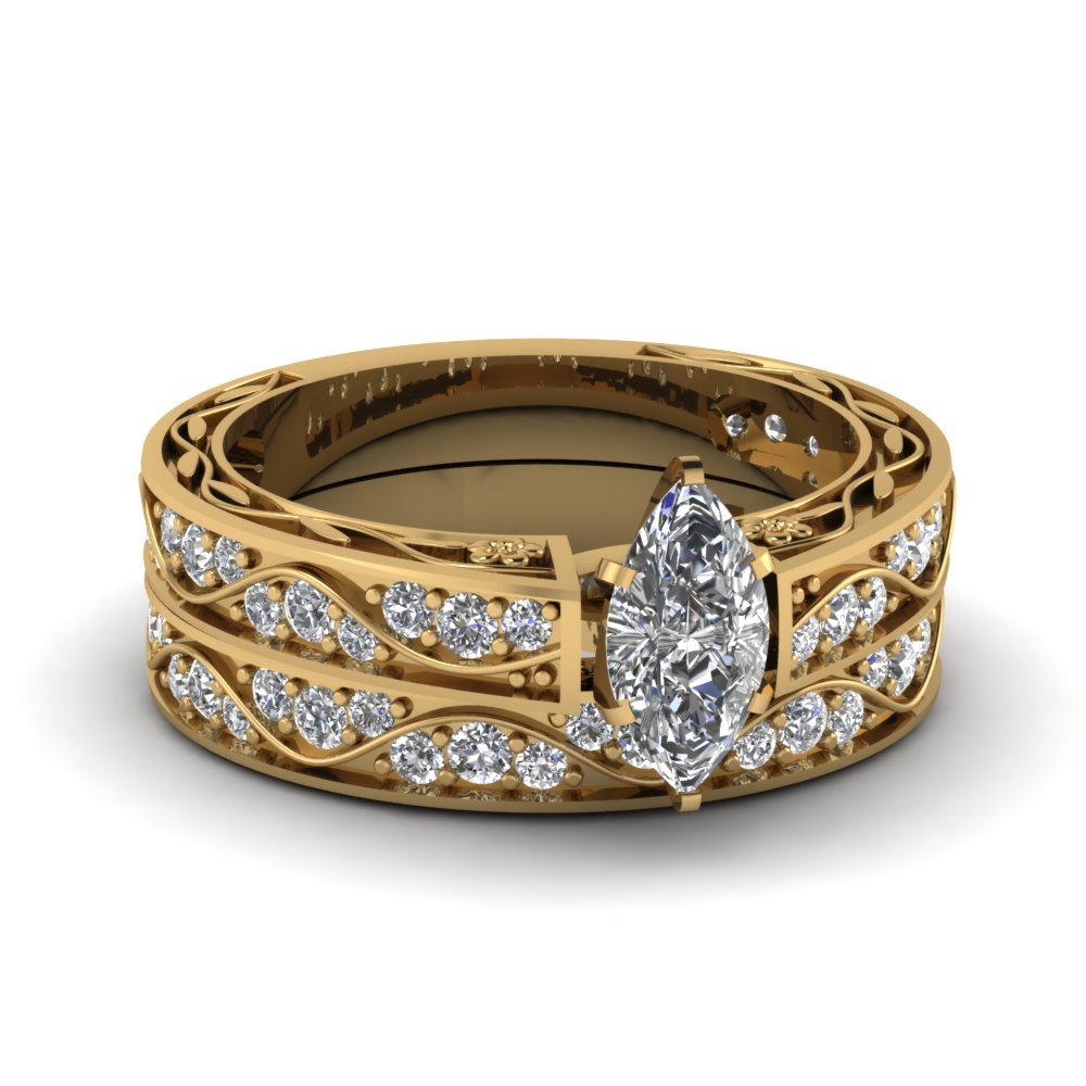 Marquise Shaped Cubic Zirconia Antique Wedding Ring Set
