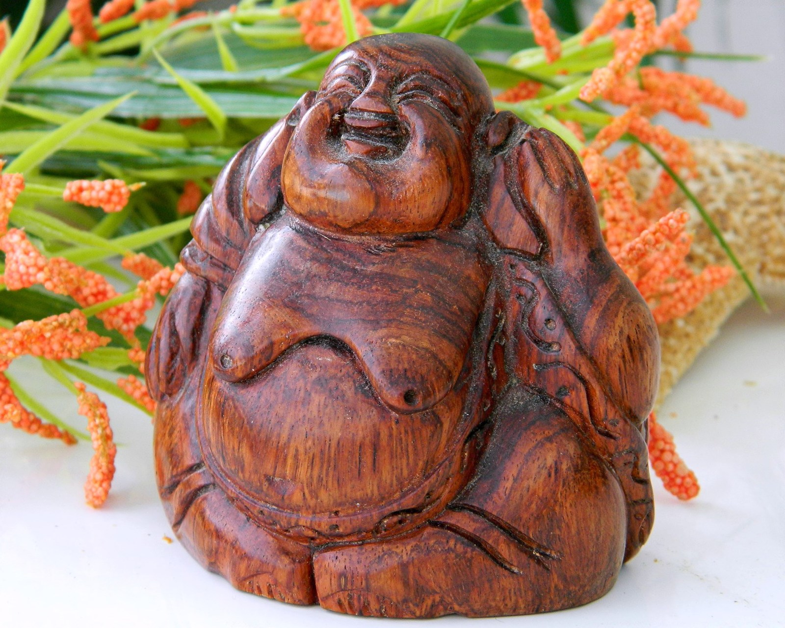 Vintage Wood Laughing Buddha Figurine Carved Statue Sculpture Statues