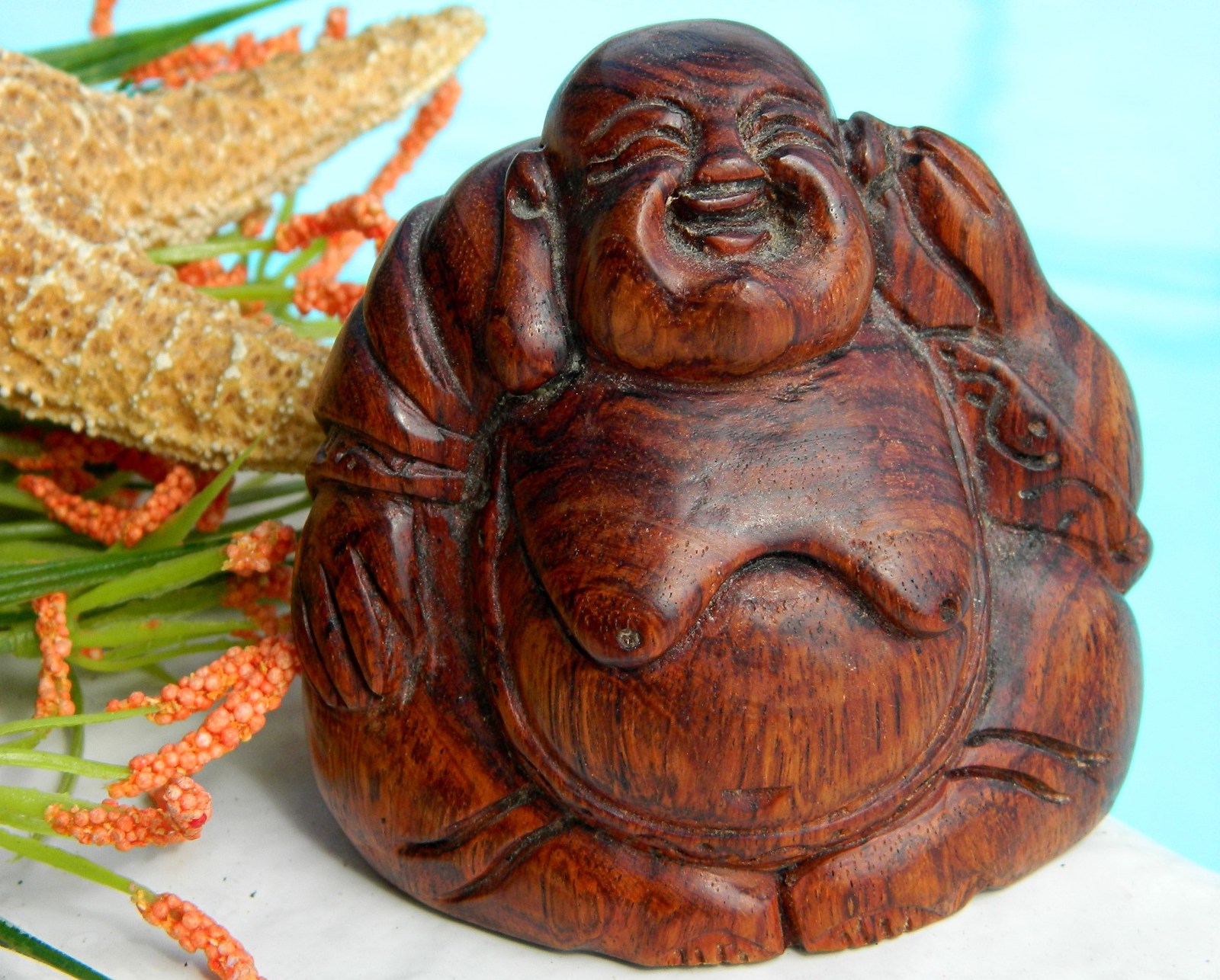 Vintage Wood Laughing Buddha Figurine Carved Statue Sculpture Statues