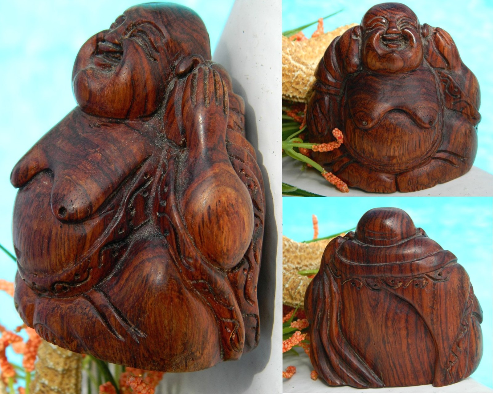 Vintage Wood Laughing Buddha Figurine Carved Statue Sculpture Statues