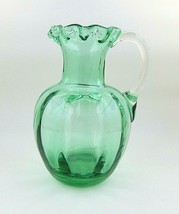 Vintage Green Hand Blown Glass Small Pitcher Ruffle Top - $18.99
