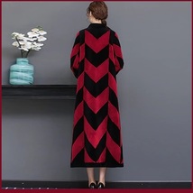 Luxury Long Red And Black V Neck Chevron Design Lamb Shearling Sheepskin Coat image 4